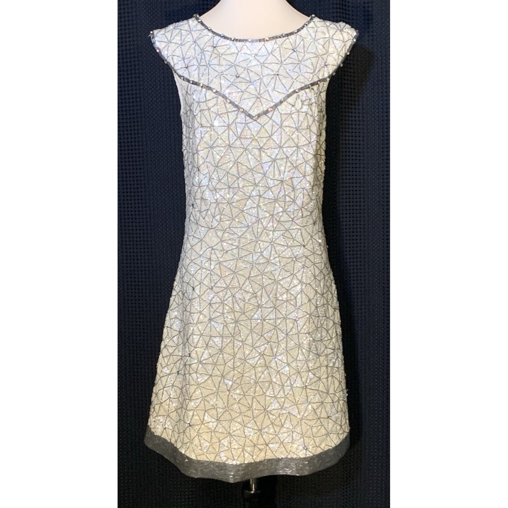 Vintage Iridescent Ivory Sequined Crystal Beaded Mod Cocktail Dress Hong Kong S